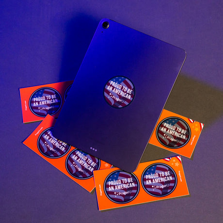 Set of five PragerU Proud To Be An American sticker sheets featuring patriotic designs and slogans.