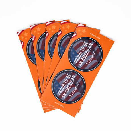Set of five PragerU American pride stickers featuring patriotic designs on a sheet, perfect for decorating personal items.