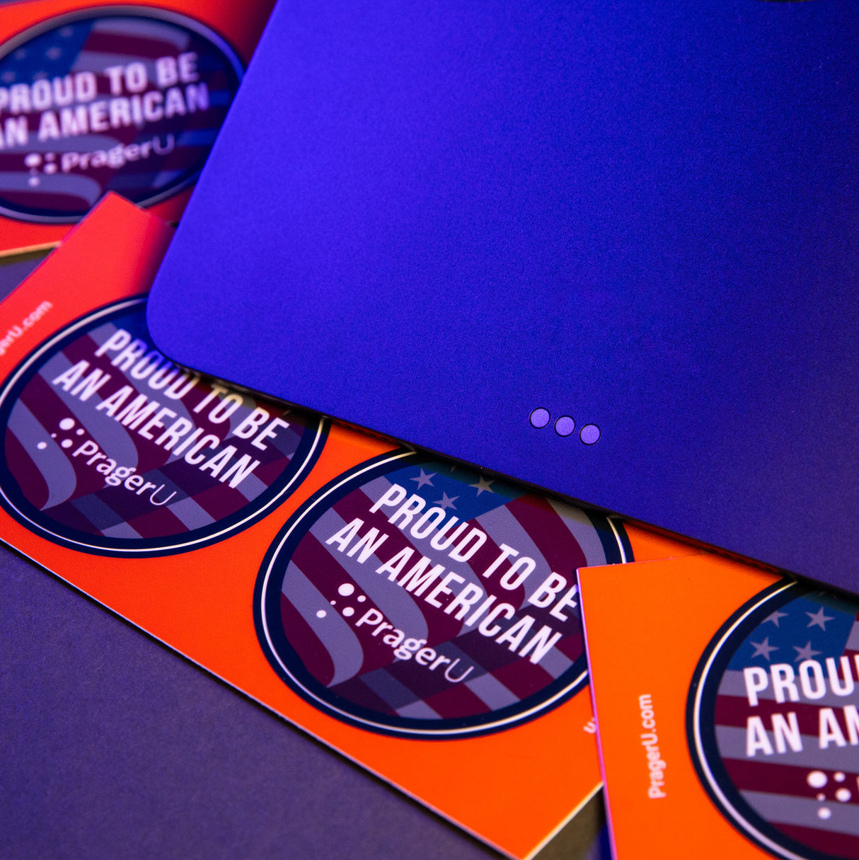 PragerU Proud To Be An American sticker sheet with patriotic-themed stickers on a single sheet, featuring American symbols and slogans.