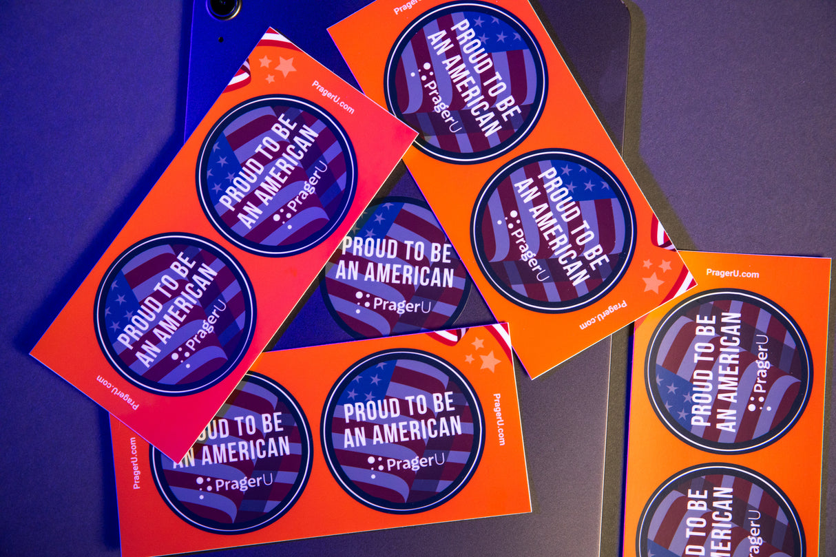 PragerU Proud To Be An American sticker sheet with patriotic designs and symbols on a single sheet.