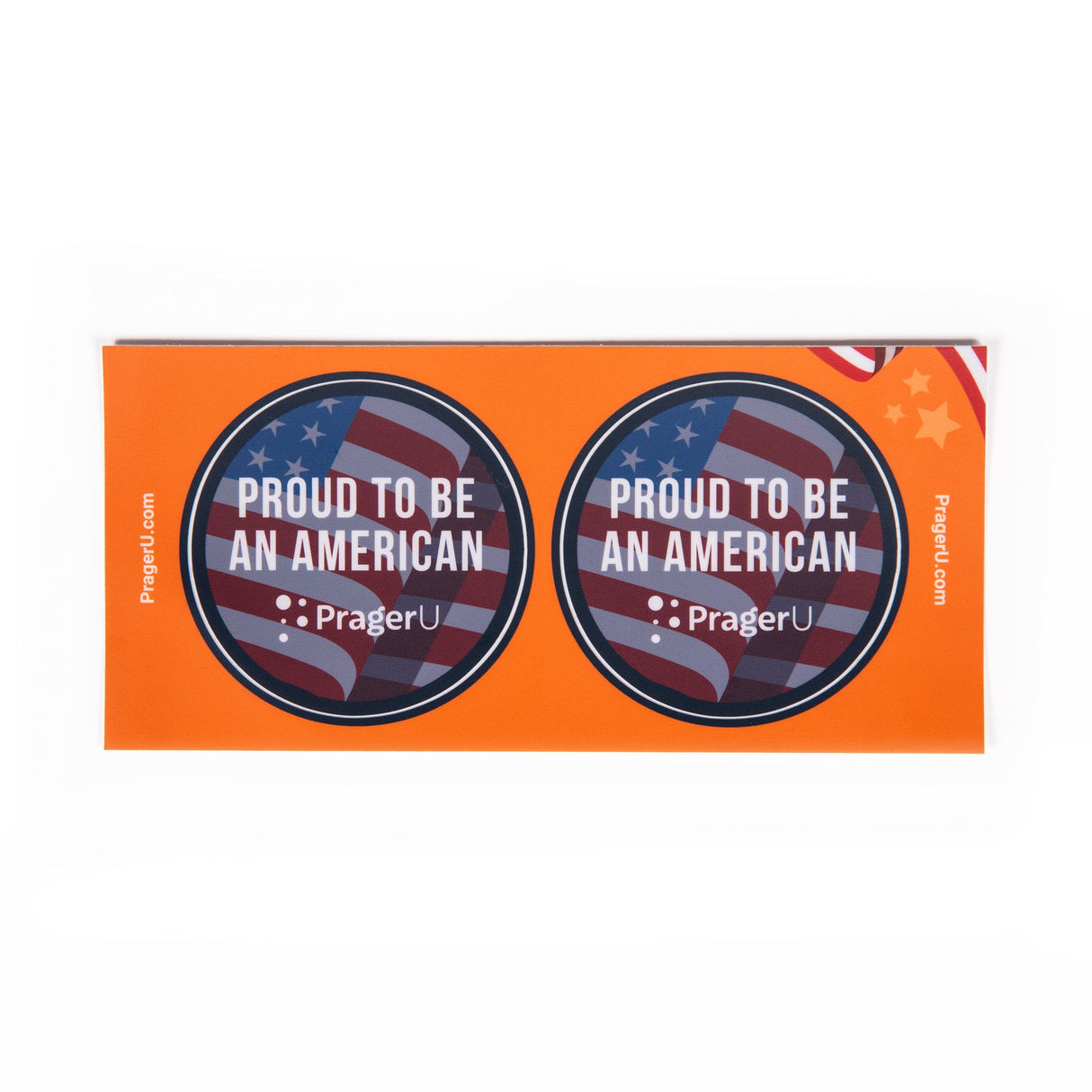 PragerU Proud To Be An American sticker sheet featuring patriotic designs and symbols on a single sheet of stickers.