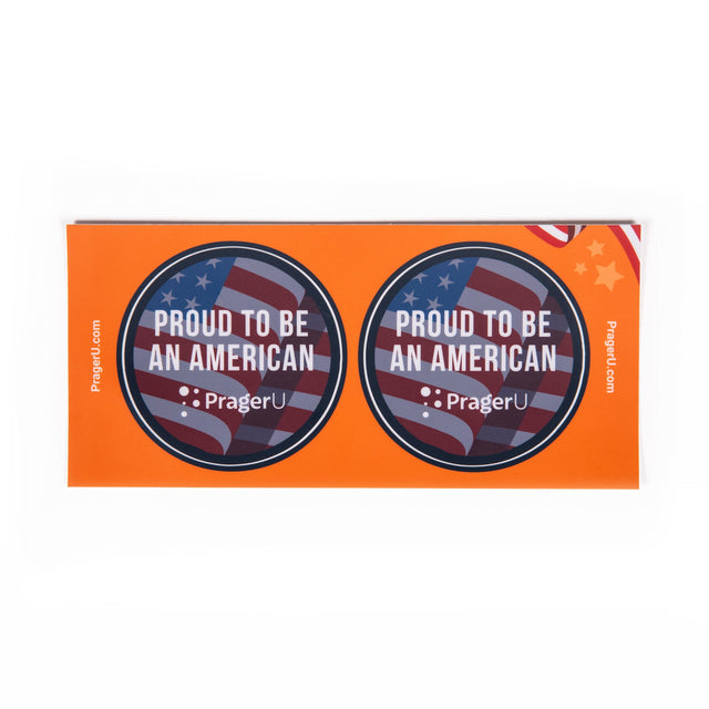PragerU Proud To Be An American sticker sheet featuring patriotic designs and symbols on a single sheet of stickers.