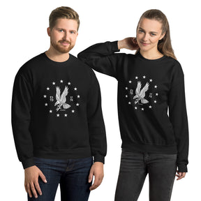 White emblem on a black PragerU Freedom Eagle sweatshirt, showcasing a comfortable cotton sweatshirt with bold patriotic design.