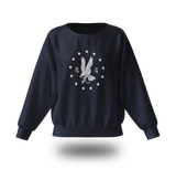 PragerU white emblem eagle sweatshirt, crewneck style, with freedom eagle graphic on a black background.