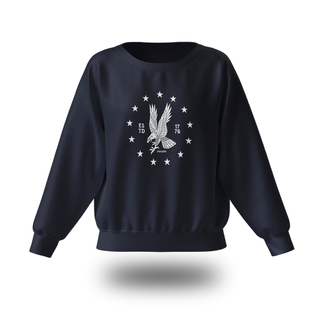PragerU white emblem eagle sweatshirt, crewneck style, with freedom eagle graphic on a black background.