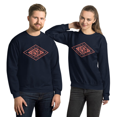 Red logo Land of the Free USA sweatshirt by PragerU, featuring a comfortable black sweatshirt with patriotic design.