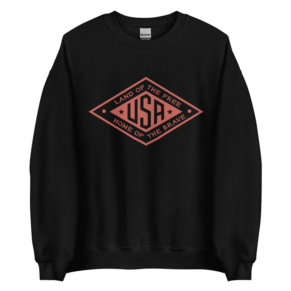 Red logo Land of the Free USA sweatshirt by PragerU, featuring a comfortable fit and bold patriotic design.