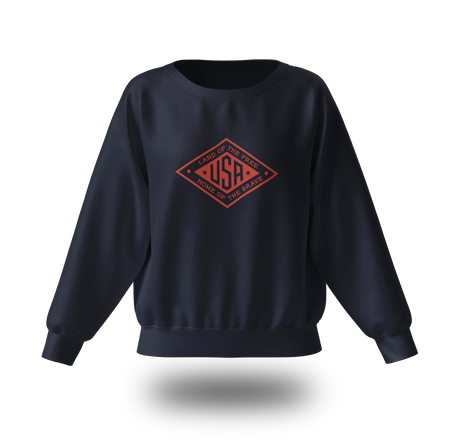 Red logo Land of the Free USA sweatshirt by PragerU, featuring a black fabric and patriotic design.