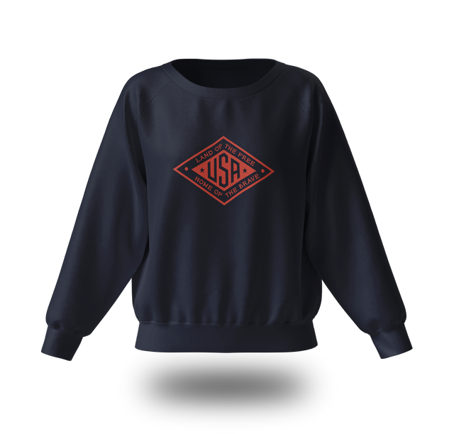 Red logo Land of the Free USA sweatshirt by PragerU, featuring a black fabric and patriotic design.