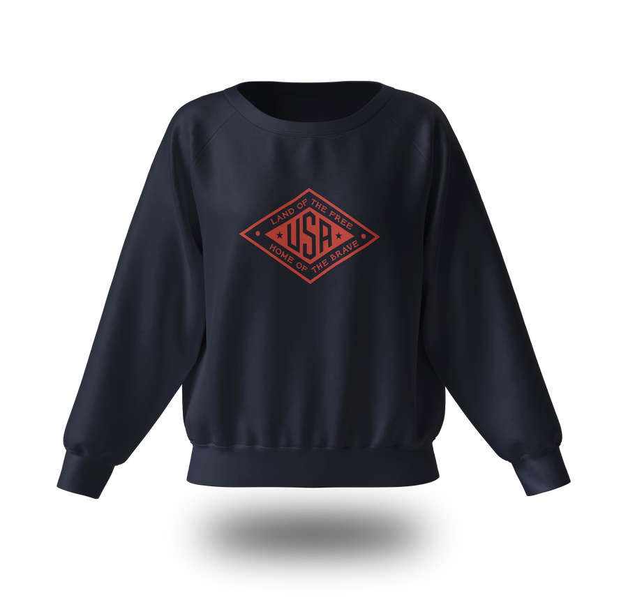 Red logo Land of the Free USA sweatshirt by PragerU, featuring a black fabric and patriotic design.