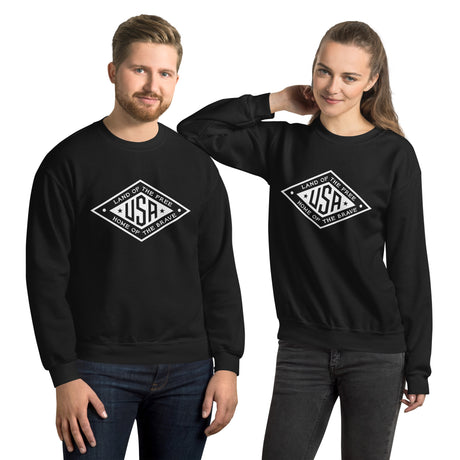 White Land of the Free USA sweatshirt by PragerU with a black logo, soft fabric, and comfortable fit.