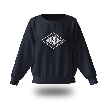 White Land of the Free USA sweatshirt by PragerU with a black logo, featuring a comfortable fit and patriotic design.