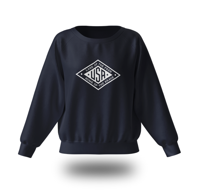White Land of the Free USA sweatshirt by PragerU with a black logo, featuring a comfortable fit and patriotic design.