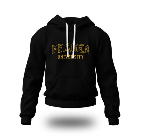 Black PragerU College Hoodie sweatshirt with a front logo, featuring comfortable fabric and casual style.
