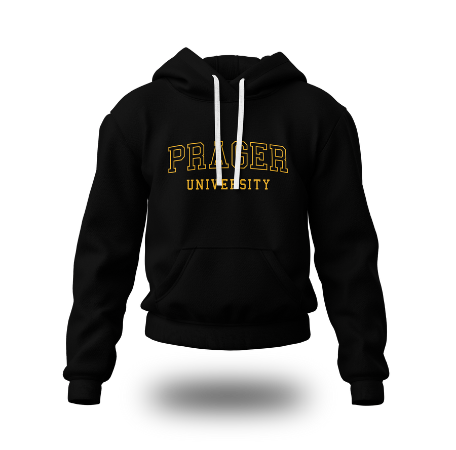 Black PragerU College Hoodie sweatshirt with a front logo, featuring comfortable fabric and casual style.