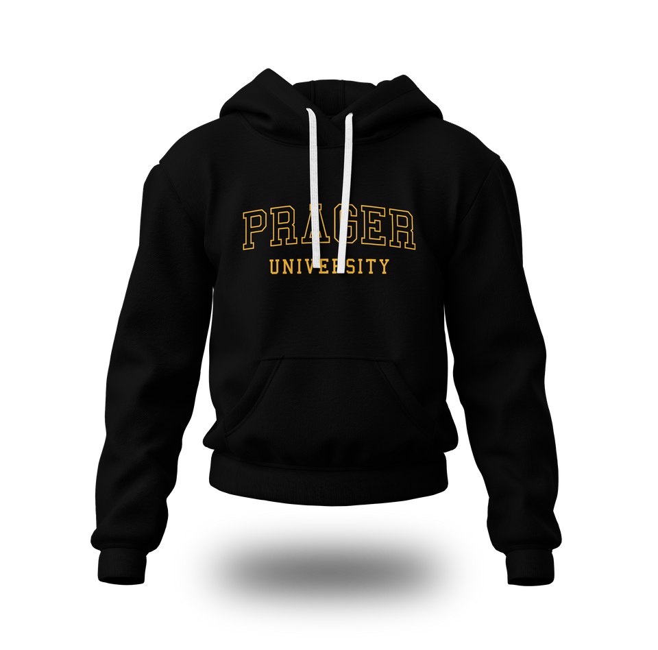 Black PragerU College Hoodie sweatshirt with a front logo, featuring comfortable fabric and casual style.
