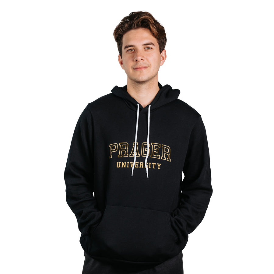 Black PragerU College Hoodie sweatshirt with front logo and drawstring hood, casual and comfortable for everyday wear.