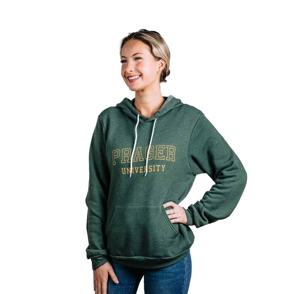 Black PragerU College Hoodie sweatshirt with a front logo, made of soft fabric, casual style for comfortable wear.