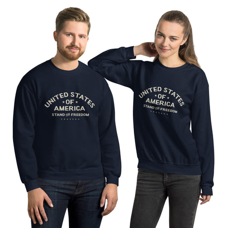 Beige PragerU Stand for Freedom sweatshirt with logo, casual long-sleeve clothing for men or women, front view.