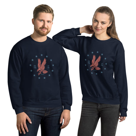 Red emblem PragerU Freedom Eagle sweatshirt, casual sweatshirt with patriotic eagle design on the front.