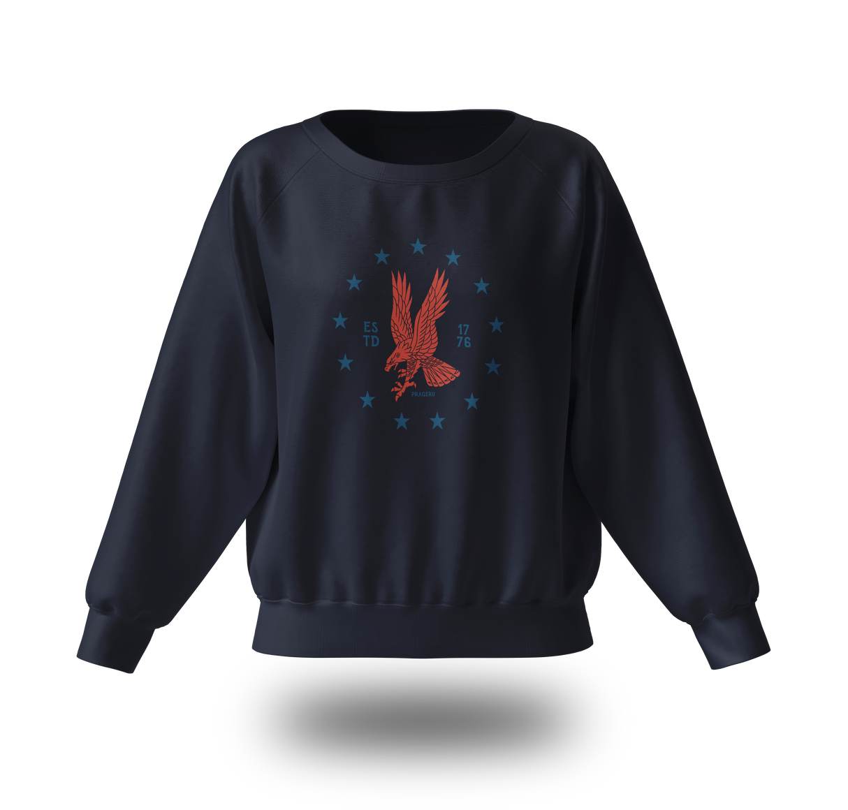 Red emblem on a PragerU Freedom Eagle sweatshirt, showcasing a comfortable casual sweatshirt with patriotic design.