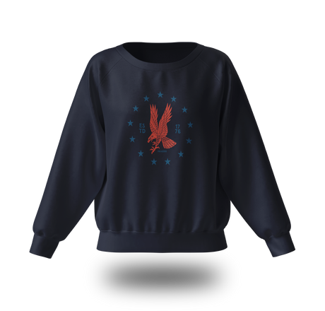Red emblem on a PragerU Freedom Eagle sweatshirt, showcasing a comfortable casual sweatshirt with patriotic design.