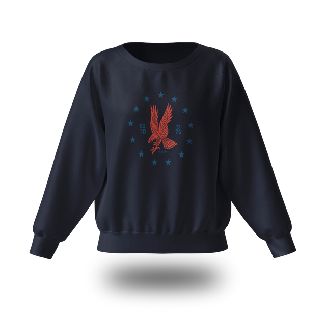 Red emblem on a PragerU Freedom Eagle sweatshirt, showcasing a comfortable casual sweatshirt with patriotic design.