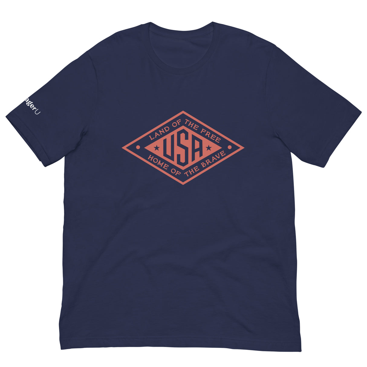 Red logo T-shirt from PragerU's Land of the Free USA Tee collection, featuring a patriotic design on a black T-shirt.