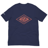 Red logo T-shirt from PragerU's Land of the Free USA Tee collection, featuring a patriotic design on a black T-shirt.