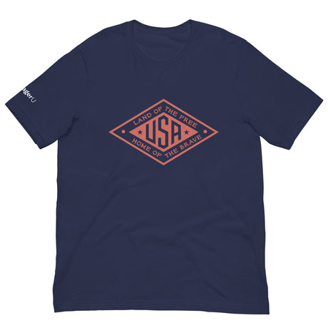 Red logo T-shirt from PragerU's Land of the Free USA Tee collection, featuring a patriotic design on a black T-shirt.