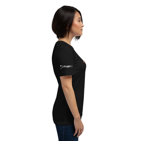 Red logo Land of the Free USA T-shirt by PragerU, featuring a classic design on a black cotton tee.