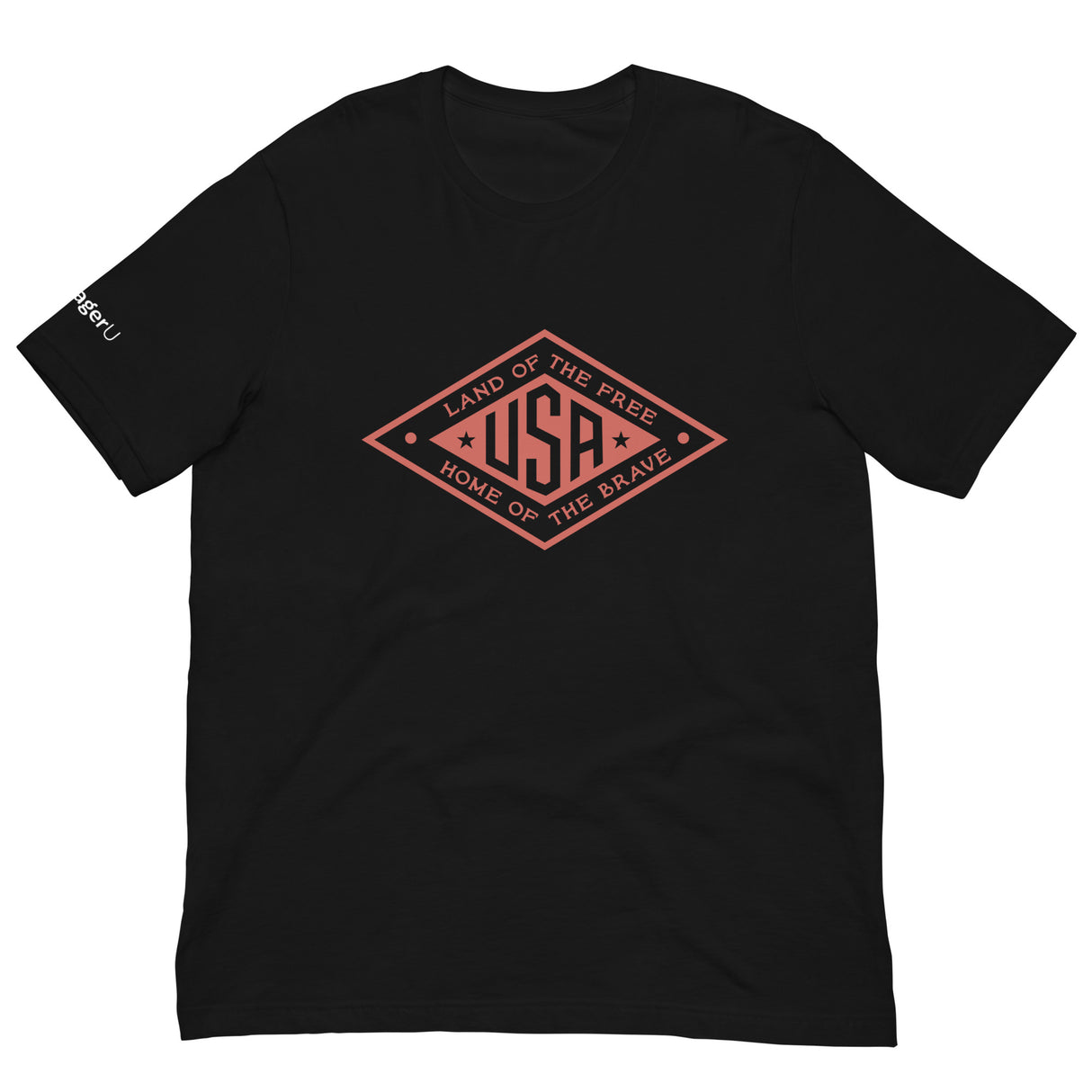 Red logo Land of the Free USA T-Shirt by PragerU, black cotton tee with patriotic design and bold graphics.