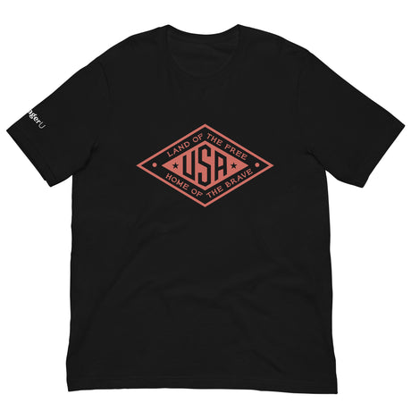 Red logo Land of the Free USA T-Shirt by PragerU, black cotton tee with patriotic design and bold graphics.