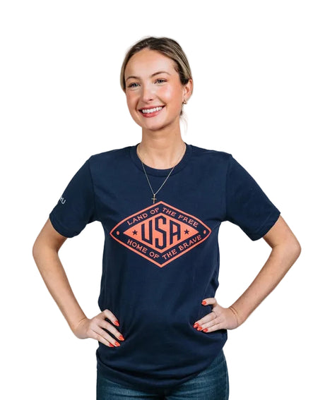 Red logo Land of the Free USA T-shirt by PragerU displayed on a black t-shirt with patriotic design.