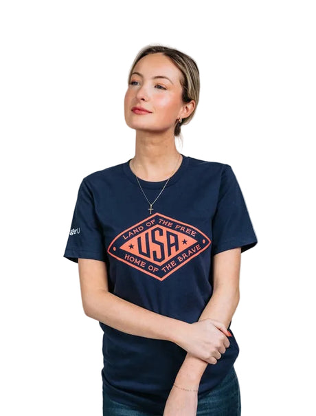 Red logo Land of the Free USA T-Shirt by PragerU, showing a classic fit and bold patriotic design.
