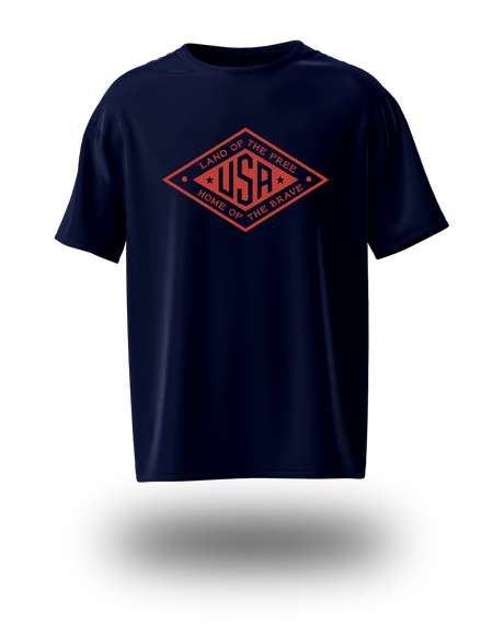 Red logo Land of the Free USA T-shirt by PragerU, black cotton tee with patriotic design and classic fit.