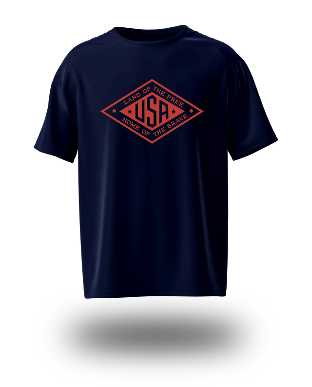 Red logo Land of the Free USA T-shirt by PragerU, black cotton tee with patriotic design and classic fit.