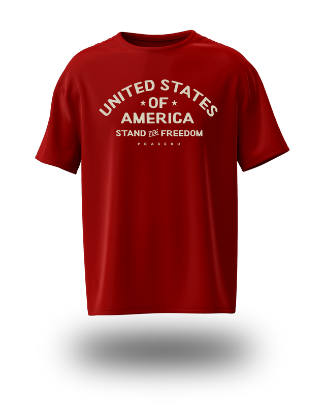 PragerU Stand for Freedom beige logo T-shirt, casual fit, with a printed logo on the front, displayed on a mannequin.