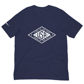 PragerU Land of the Free USA T-Shirt with white logo, casual cotton tee featuring patriotic design.