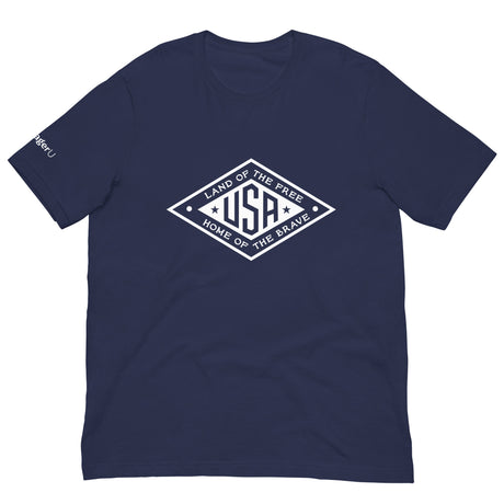 PragerU Land of the Free USA T-Shirt with white logo, casual cotton tee featuring patriotic design.