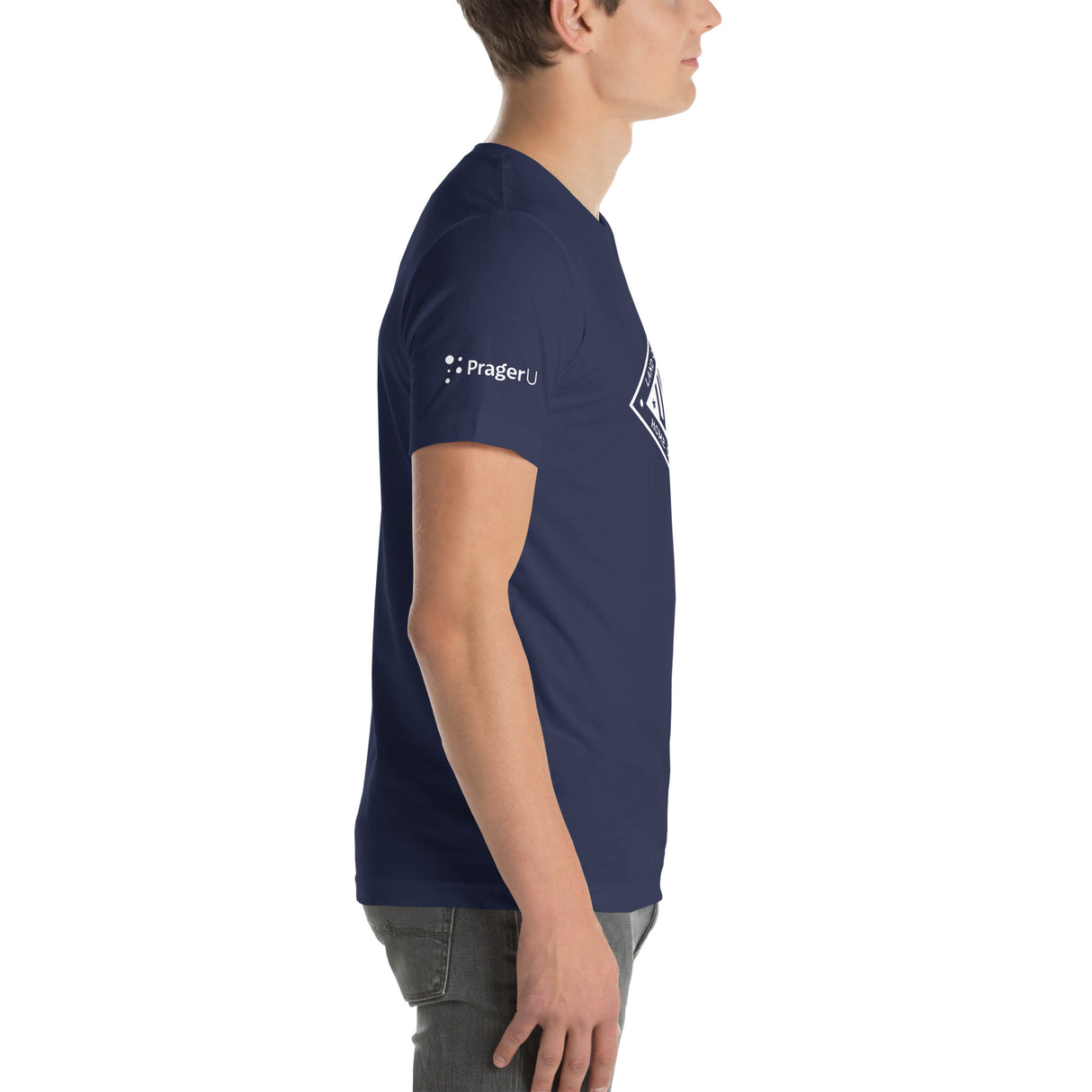White Land of the Free USA T-shirt by PragerU featuring a patriotic logo on the front.
