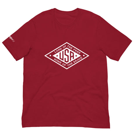 White PragerU Land of the Free USA T-shirt with navy logo, casual cotton tee featuring patriotic design and comfortable fit.