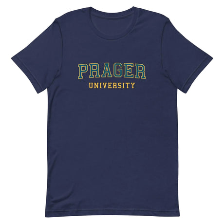 Navy PragerU college T-shirt in XS size, featuring the PragerU logo and branding on a comfortable cotton fabric.