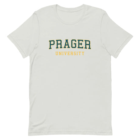 Navy PragerU College T-Shirt laid flat, showing front design and size XS, made of soft cotton fabric.