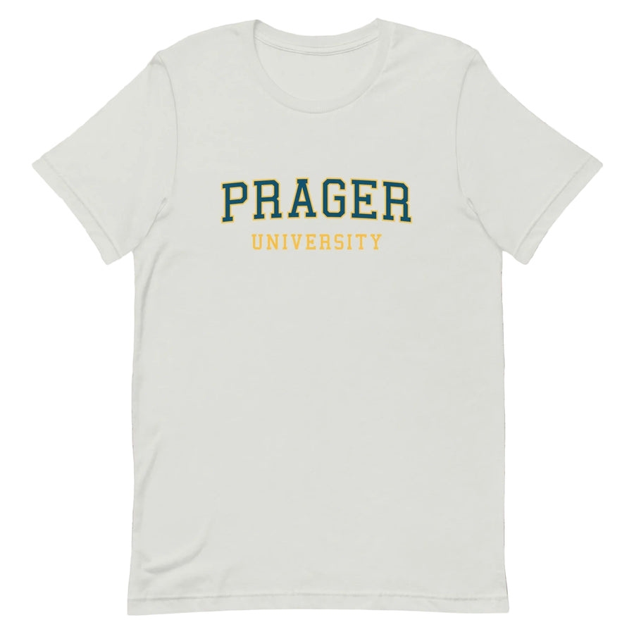 Navy PragerU College T-Shirt laid flat, showing front design and size XS, made of soft cotton fabric.
