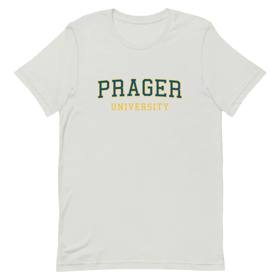 Navy PragerU College T-Shirt laid flat, showing front design and size XS, made of soft cotton fabric.