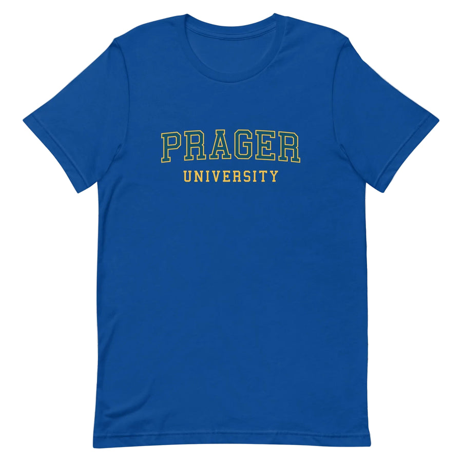 Navy PragerU College T-Shirt in XS size with logo graphic on front, casual unisex T-shirt for college students and fans.