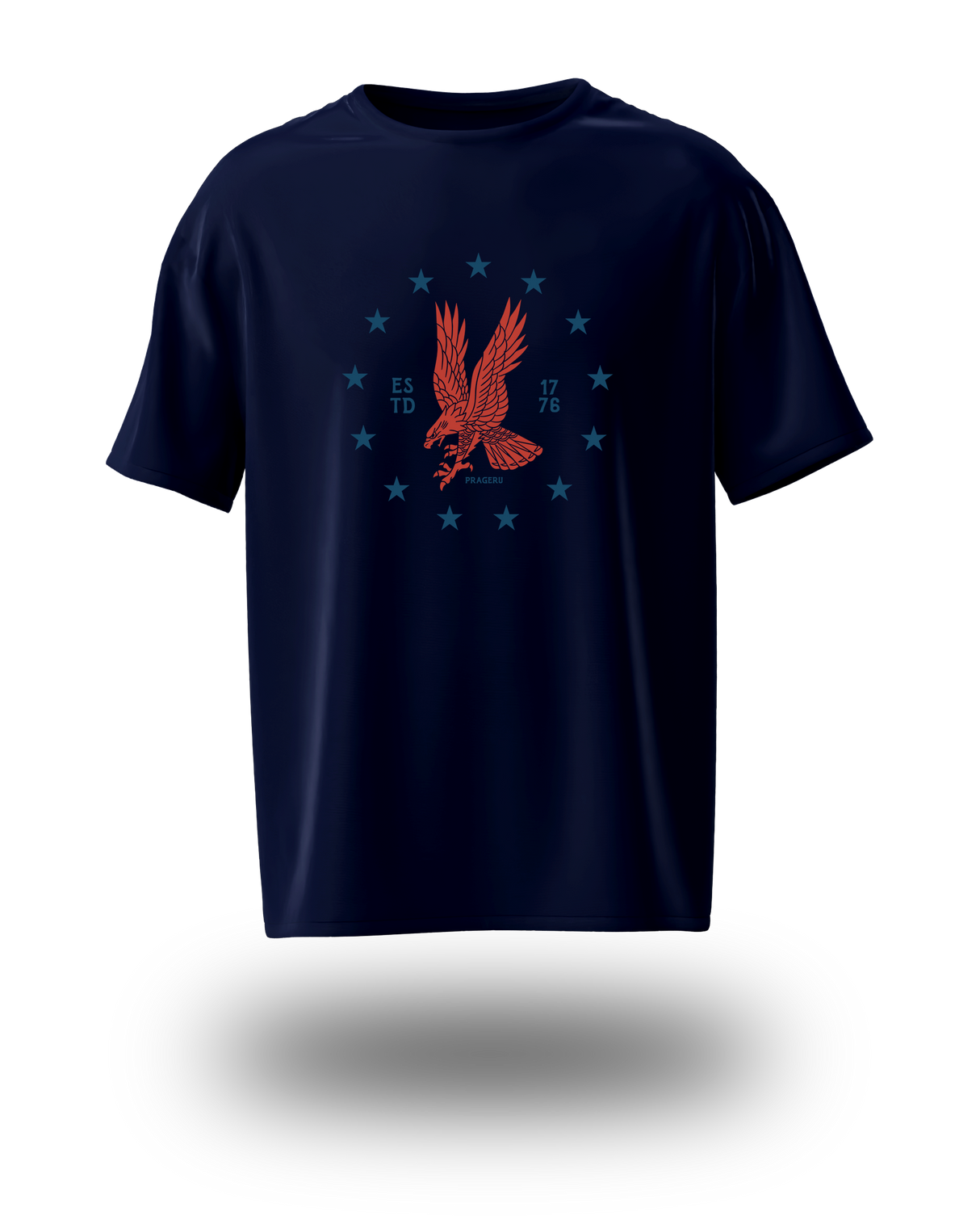 PragerU Freedom Eagle Tee in red with eagle emblem, casual T-shirt featuring patriotic design and comfortable fit.