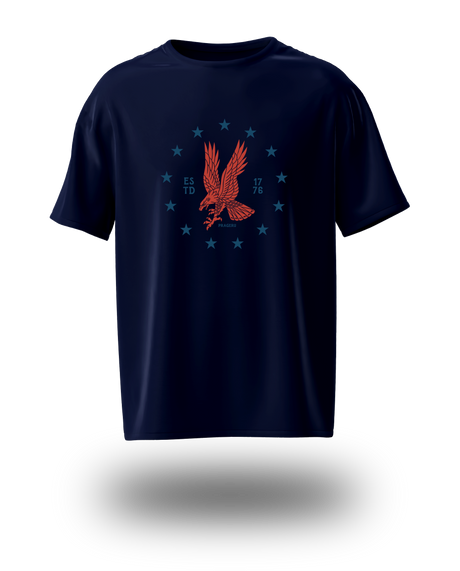 PragerU Freedom Eagle Tee in red with eagle emblem, casual T-shirt featuring patriotic design and comfortable fit.