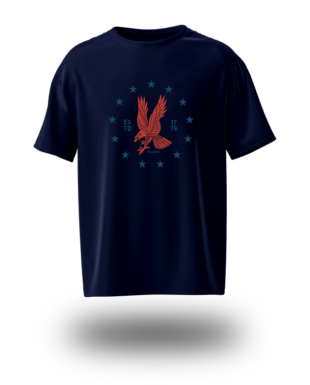 PragerU Freedom Eagle Tee in red with eagle emblem, casual T-shirt featuring patriotic design and comfortable fit.